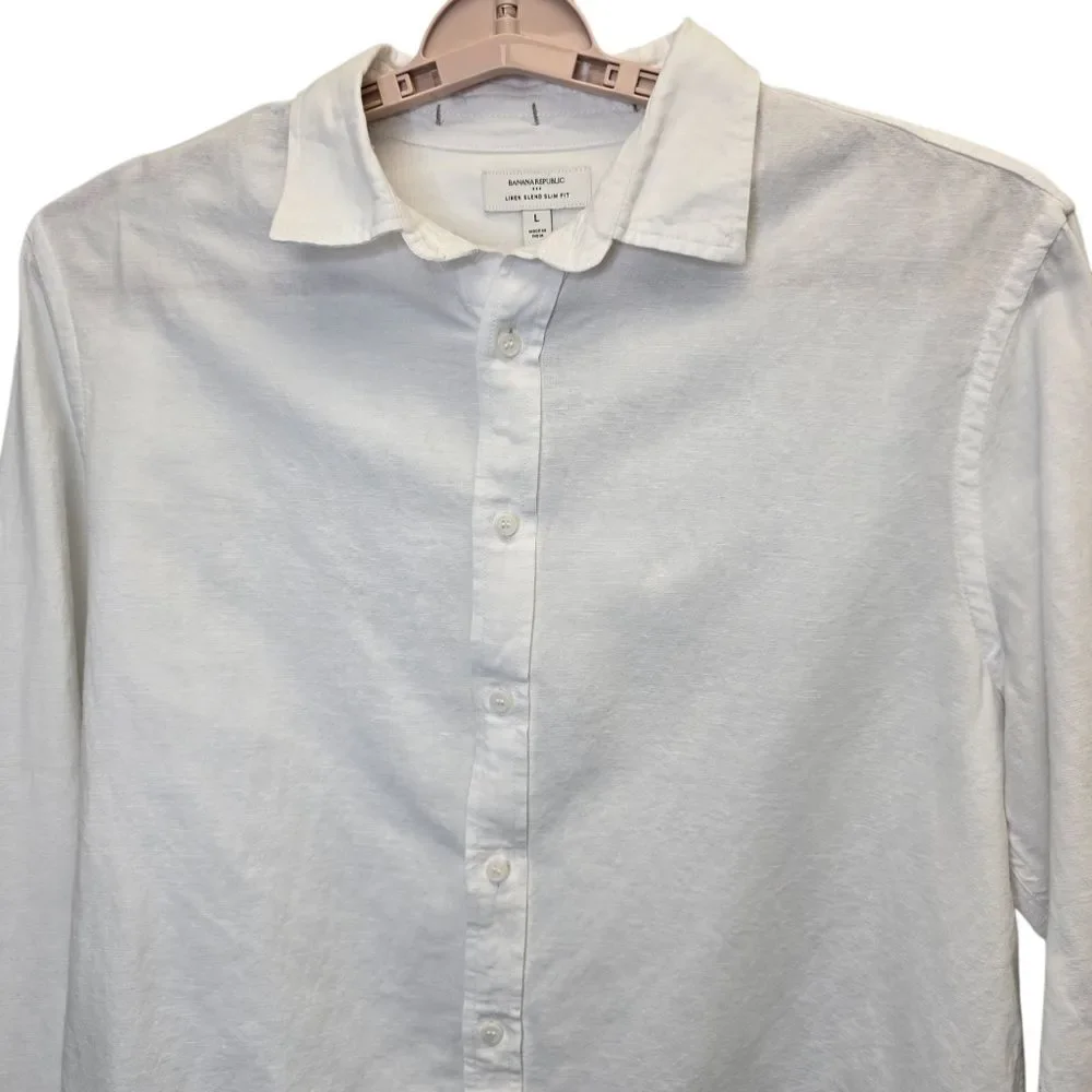 Banana Republic Men's L Linen Blend Slim Fit White Button-Down Long Sleeve Shirt
